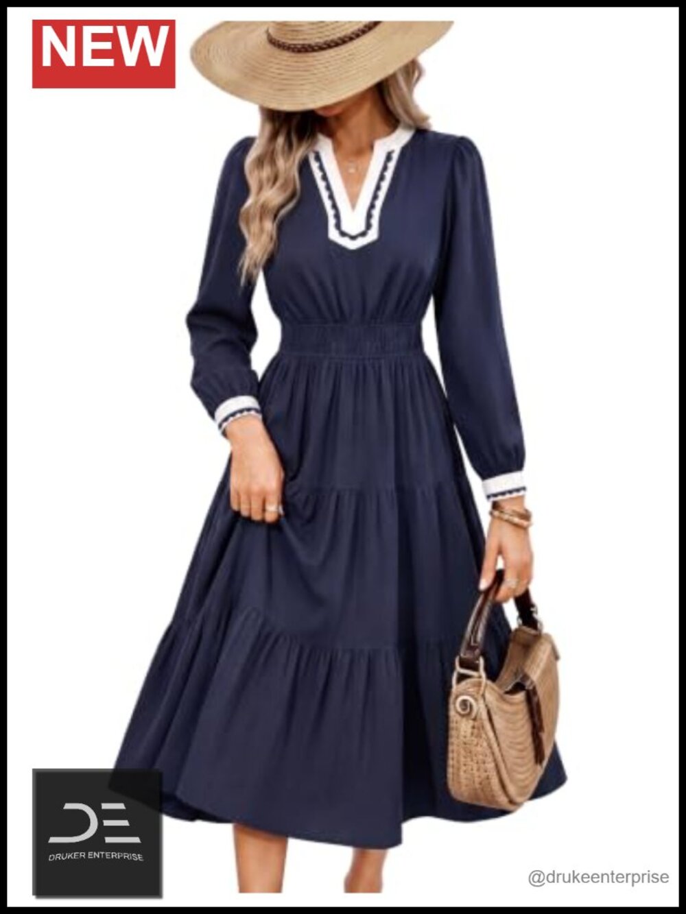 Womens Long Sleeve Midi Dress V-Neck A-Line Cotton Casual Fall